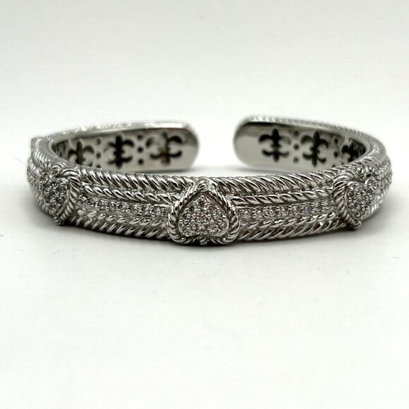 Judith Pipka 925 Sterling Silver CZ 3 Heart Hinged Rope Cuff Bracelet 6.75” - Picture 9 of 9